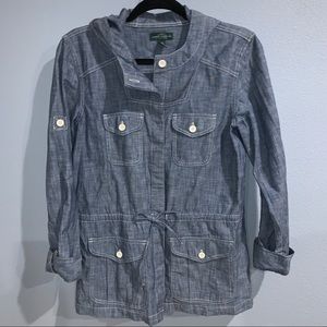 Denim Chambray Style Button Down Hoodie Shirt